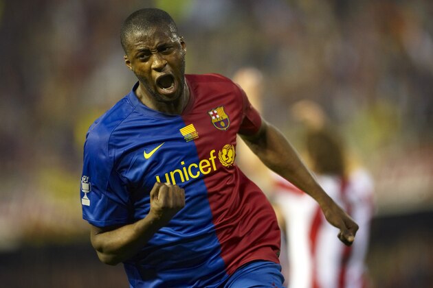 VALENCIA, SPAIN - MAY 13:  Toure Yaya of Barcelona celebrates the first goal during the Copa del Rey final match between Barcelona and Athletic Bilbao at the Mestalla stadium on May 13, 2009 in Valencia, Spain.  (Photo by Manuel Queimadelos Alonso/Getty Images)