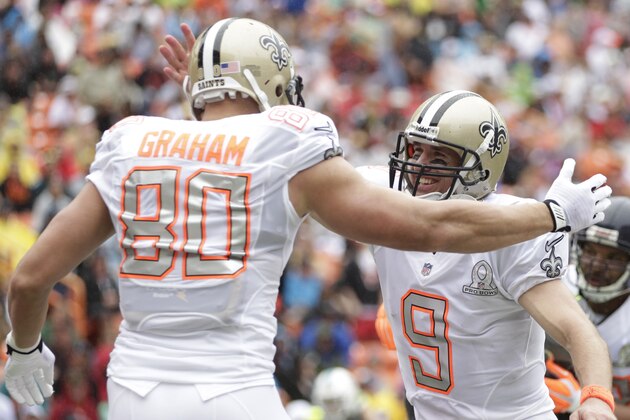 New Orleans Saints tight end Jimmy Graham (80) is congratulated by New Orleans Saints quarterback Drew Brees (9) of Team Rice after catching a pass for a touchdown in the second quarter quarter of the NFL Pro Bowl football game Sunday, Jan. 26, 2014, in Honolulu. (AP Photo/Eugene Tanner)