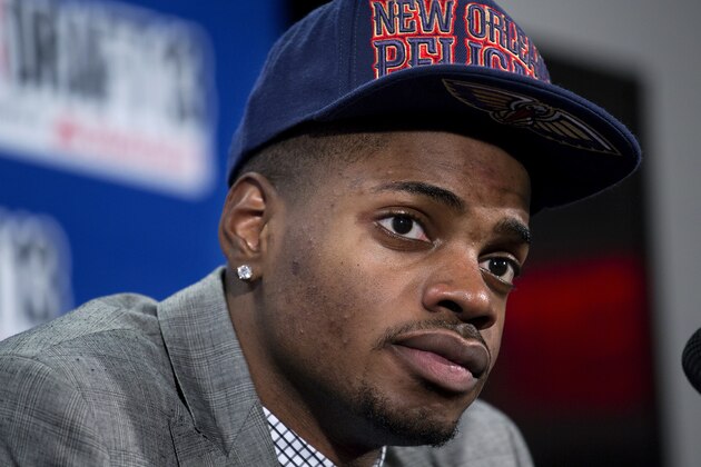 Kentucky's Nerlens Noel, picked by the New Orleans Pelicans in the first round of the NBA basketball draft, listens during a news conference Thursday, June 27, 2013, in New York. (AP Photo/Craig Ruttle)