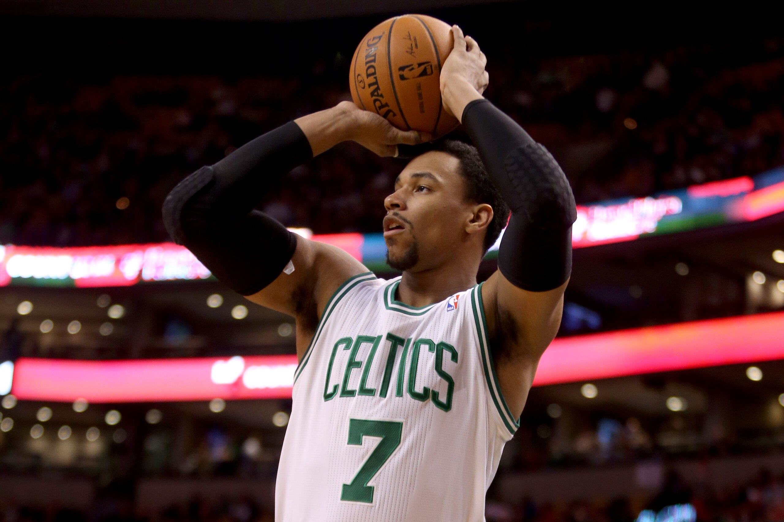 Boston Celtics center Jared Sullinger (7) shoots during the first half of an NBA basketball game against the Sacramento Kings, Friday, Feb. 7, 2014 in Boston. (AP Photo/Mary Schwalm)