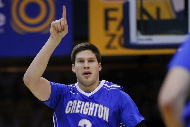 INDIANAPOLIS, IN - FEBRUARY 13: Doug McDermott #3 of the Creighton Bluejays celebrates after a basket against the Butler Bulldogs at Hinkle Fieldhouse on February 13, 2014 in Indianapolis, Indiana. Creighton defeated Butler 68-63. (Photo by Michael Hickey/Getty Images)