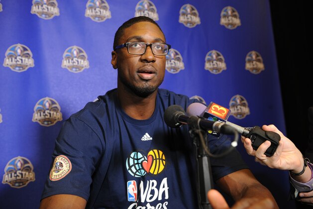 NEW ORLEANS, LA - FEBRUARY 14: Roy Hibbert #55 of the Indiana Pacers answers questions during NBA All Star Press Conferences and Media Availability as part of 2014 All-Star Weekend at the Hyatt Regency Hotel on February 14, 2014 in New Orleans, Louisiana. NOTE TO USER: User expressly acknowledges and agrees that, by downloading and/or using this photograph, user is consenting to the terms and conditions of the Getty Images License Agreement.  Mandatory Copyright Notice: Copyright 2014 NBAE (Photo by Juan Ocampo/NBAE via Getty Images)