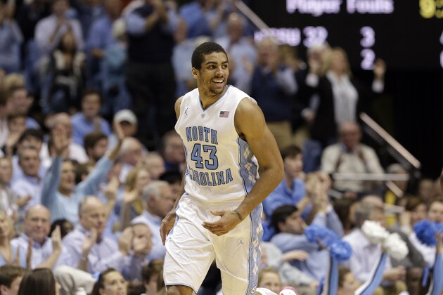 North Carolina's James Michael McAdoo (43) reacts following a basket against North Carolina State during the second half of an NCAA college basketball game in Chapel Hill, N.C., Saturday, Feb. 1, 2014. North Carolina won 84-70. (AP Photo/Gerry Broome)