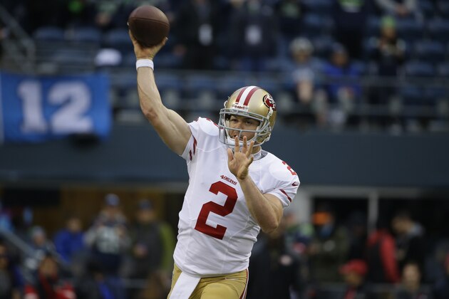 San Francisco 49ers' Colt McCoy warms up before the NFL football NFC Championship game against the Seattle Seahawks Sunday, Jan. 19, 2014, in Seattle. (AP Photo/Matt Slocum)