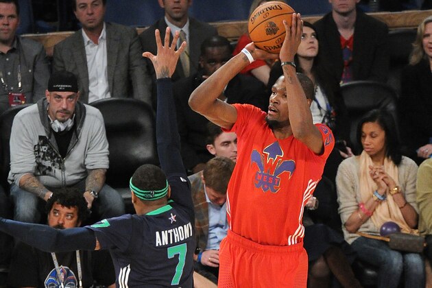 NEW ORLEANS, LA - FEBRUARY 16: Kevin Durant #35 of the Western Conference All-Stars shoots against Carmelo Anthony #7 of the Eastern Conference All-Stars during the 2014 NBA All-Star Game at Smoothie King Center on February 16, 2014 in New Orleans, Louisiana. NOTE TO USER: User expressly acknowledges and agrees that, by downloading and/or using this photograph, user is consenting to the terms and conditions of the Getty Images License Agreement. Mandatory Copyright Notice: Copyright 2014 NBAE (Photo by Bill Baptist/NBAE via Getty Images) NEW ORLEANS, LA - FEBRUARY 16: Kevin Durant #35 of the Western Conference All-Stars shoots against Carmelo Anthony #7 of the Eastern Conference All-Stars during the 2014 NBA All-Star Game at Smoothie King Center on February 16, 2014 in New Orleans, Louisiana. NOTE TO USER: User expressly acknowledges and agrees that, by downloading and/or using this photograph, user is consenting to the terms and conditions of the Getty Images License Agreement. Mandatory Copyright Notice: Copyright 2014 NBAE (Photo by Bill Baptist/NBAE via Getty Images)