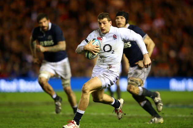 EDINBURGH, SCOTLAND - FEBRUARY 08:  Jonny May of England runs through with the ball during the RBS Six Nations match between Scotland and England at Murrayfield Stadium on February 8, 2014 in Edinburgh, Scotland.  (Photo by David Rogers/Getty Images)