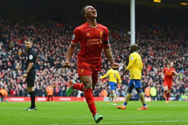 LIVERPOOL, ENGLAND - FEBRUARY 08:  Raheem Sterling of Liverpool celebrates scoring the fifth goal during the Barclays Premier League match between Liverpool and Arsenal at Anfield on February 8, 2014 in Liverpool, England.  (Photo by Michael Regan/Getty Images)