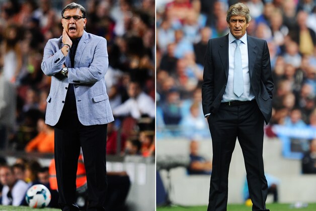 FILE PHOTO - EDITORS NOTE: COMPOSITE OF TWO IMAGES - Image Numbers 180546404 (L) and 178918536) In this composite image a comparison has been made between Head coach Gerardo Martino of FC Barcelona (L) and Manchester City manager Manuel Pellegrini . Manchester City and Barcelona meet in the UEFA Champions League Round of 16 match 1st leg on February 18,2014 with the 2nd leg on March 12 ,2014.   ***LEFT IMAGE*** BARCELONA, SPAIN - SEPTEMBER 14: Head coach Gerardo 'Tata' Martino of FC Barcelona reacts during the La Liga match between FC Barcelona and Sevilla FC at Camp Nou on September 14, 2013 in Barcelona, Spain. (Photo by David Ramos/Getty Images) ***RIGHT IMAGE*** MANCHESTER, ENGLAND - AUGUST 31: Manchester City manager Manuel Pellegrini looks on during the Barclays Premier League match between Manchester City and Hull City at the Etihad Stadium on August 31, 2013 in Manchester, England. (Photo by Chris Brunskill/Getty Images)
