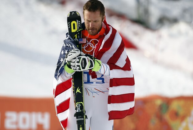 Feb 16, 2014; Krasnaya Polyana, RUSSIA; Bode Miller (USA) celebrates winning bronze in men's alpine skiing super-G during the Sochi 2014 Olympic Winter Games at Rosa Khutor Alpine Center. Mandatory Credit: Rob Schumacher-USA TODAY Sports