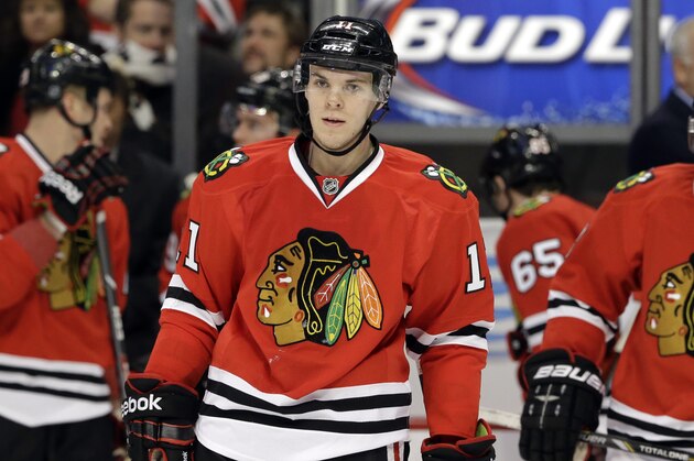 Chicago Blackhawks' Jeremy Morin (11) looks around during the first period of an NHL hockey game against the Phoenix Coyotes in Chicago, Thursday, Nov. 14, 2013. (AP Photo/Nam Y. Huh)