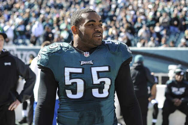 Oct 27, 2013; Philadelphia, PA, USA; Philadelphia Eagles linebacker Brandon Graham (55) before the game between the Philadelphia Eagles and New York Giants at Lincoln Financial Field. Mandatory Credit: John Geliebter-USA TODAY Sports
