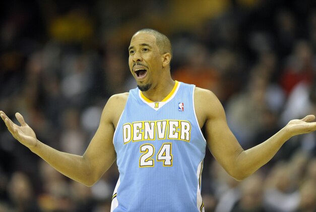 Dec 4, 2013; Cleveland, OH, USA; Denver Nuggets point guard Andre Miller (24) reacts after he was called for a technical foul in the third quarter against the Cleveland Cavaliers at Quicken Loans Arena. Mandatory Credit: David Richard-USA TODAY Sports