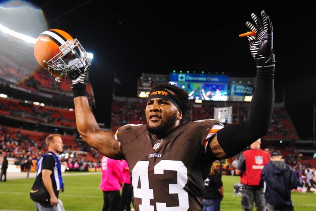 Oct 3, 2013; Cleveland, OH, USA; Cleveland Browns strong safety T.J. Ward (43) celebrates after defeating the Buffalo Bills 37-24 at FirstEnergy Stadium. Mandatory Credit: Andrew Weber-USA TODAY Sports