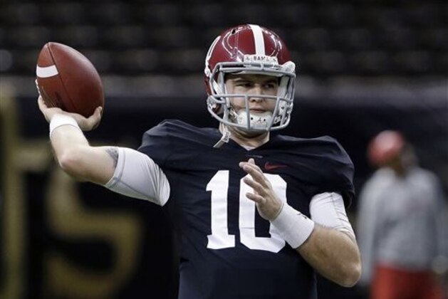 Alabama quarterback AJ McCarron (10) passes during NCAA college football practice at the Superdome in New Orleans, Saturday, Dec. 28, 2013.  Alabama takes on Oklahoma in the Sugar Bowl on Thursday, Jan. 2, 2014. (AP Photo/Gerald Herbert)