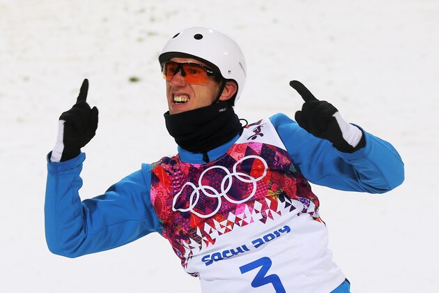 SOCHI, RUSSIA - FEBRUARY 17:  Anton Kushnir of Belarus celebrates after his jump in the Freestyle Skiing Men's Aerials Finals on day ten of the 2014 Winter Olympics at Rosa Khutor Extreme Park on February 17, 2014 in Sochi, Russia.  (Photo by Mike Ehrmann/Getty Images)