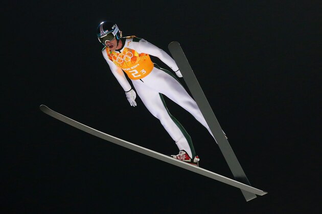 SOCHI, RUSSIA - FEBRUARY 17: Anders Johnson of the United States jumps during the Men's Team Ski Jumping first round on day 10 of the Sochi 2014 Winter Olympics at the RusSki Gorki Ski Jumping Center on February 17, 2014 in Sochi, Russia.  (Photo by Julian Finney/Getty Images)