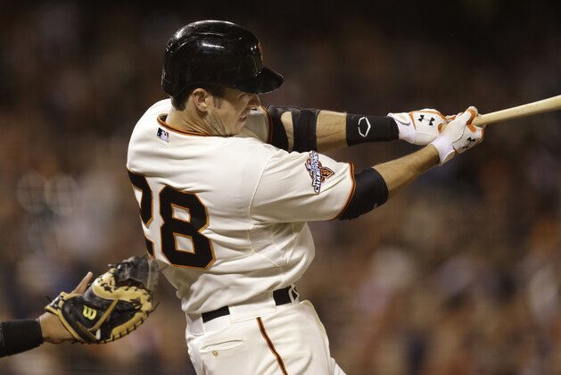 San Francisco Giants' Buster Posey swings for an RBI single off Colorado Rockies' Jeff Manship in the fourth inning of a baseball game Tuesday, Sept. 10, 2013, in San Francisco. (AP Photo/Ben Margot)