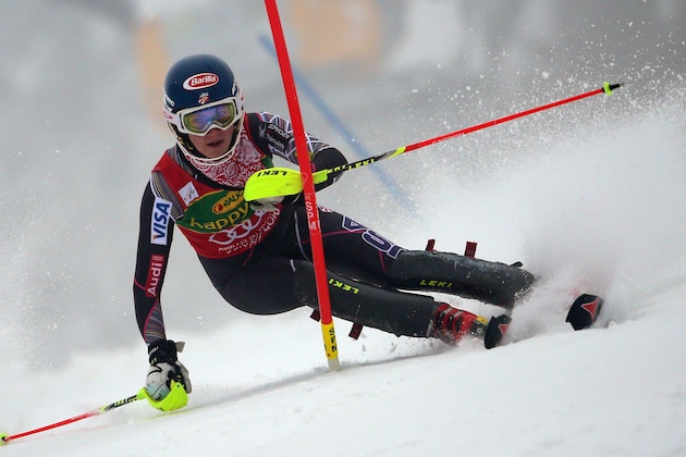 Mikaela Shiffrin of the Unites States competes during the first run of a alpine women's Worlsd Cup Slalom in Kranjska Gora, Slovenia, Sunday, Feb. 2, 2014. (AP Photo/Giovanni Auletta)