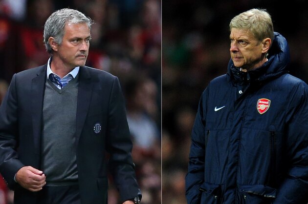 (FILE PHOTO - EDITORS NOTE: COMPOSITE OF TWO IMAGES - Image Numbers 177996036 (L) and 452339145) In this composite image a comparison has been made between Chelsea Manager Jose Mourinho (L) and Arsenal Manager Arsene Wenger. The Premier League match between Arsenal and Chelsea takes place on December 23, 2013 at the Emirates Stadium, London, England. ***LEFT IMAGE*** MANCHESTER, ENGLAND - AUGUST 26: Chelsea Manager Jose Mourinho looks on during the Barclays Premier League match between Manchester United and Chelsea at Old Trafford on August 26, 2013 in Manchester, England. (Photo by Alex Livesey/Getty Images) ***RIGHT IMAGE*** LONDON, ENGLAND - NOVEMBER 26: Manager Arsene Wenger of Arsenal looks on during the UEFA Champions League Group F match between Arsenal and Olympique de Marseille at Emirates Stadium on November 26, 2013 in London, England. (Photo by Shaun Botterill/Getty Images)