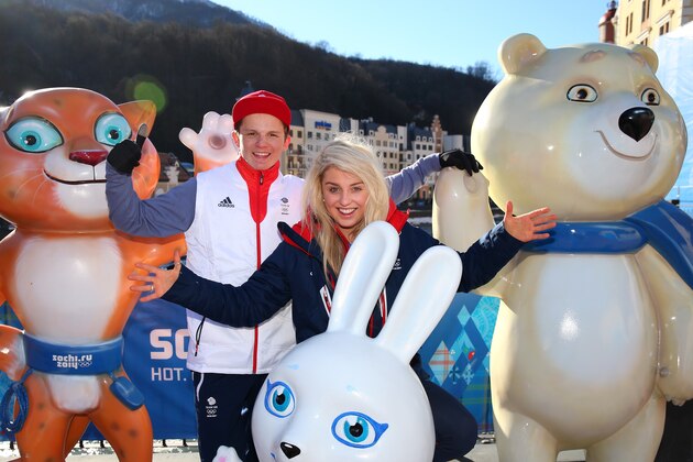 SOCHI, RUSSIA - FEBRUARY 03:  Aimee Fuller and Jamie Nicholls of the Great Britain Snowboard Team joke around on the official mascots at the Rosa Khutor Mountain village cluster prior to the Sochi 2014 Winter Olympics on February 3, 2014 in Sochi, Russia.  (Photo by Alex Livesey/Getty Images)