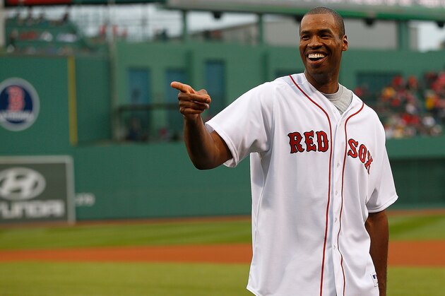BOSTON, MA - JUNE 6:  Jason Collins reacts after throwing out the first pitch before a game between the Texas Rangers and the Boston Red Sox at Fenway Park on June 6, 2013 in Boston, Massachusetts.  (Photo by Jim Rogash/Getty Images)