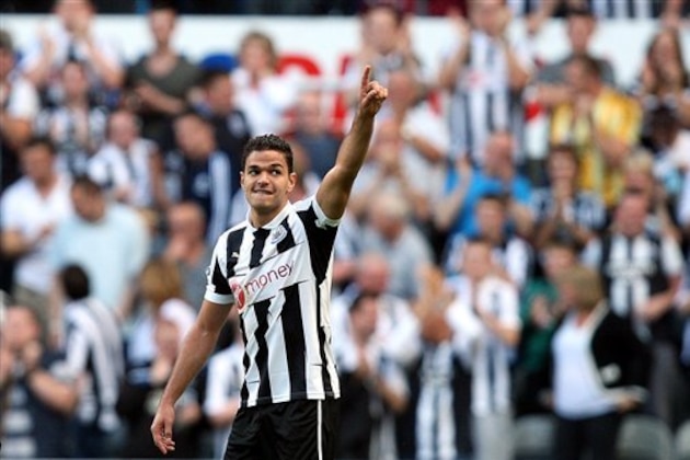 Newcastle United's Hatem Ben Arfa celebrates his goal  during their English Premier League soccer match against Aston Villa at the Sports Direct Arena, Newcastle, England, Sunday, Sept. 2, 2012. (AP Photo/Scott Heppell)