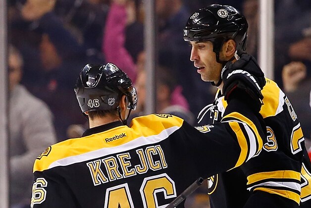 BOSTON, MA - NOVEMBER 07:  David Krejci #46 of the Boston Bruins is congratulated by teammate Zdeno Chara #33 following his goal in the second period against the Florida Panthers at TD Garden on November 7, 2013 in Boston, Massachusetts.  (Photo by Jared Wickerham/Getty Images)