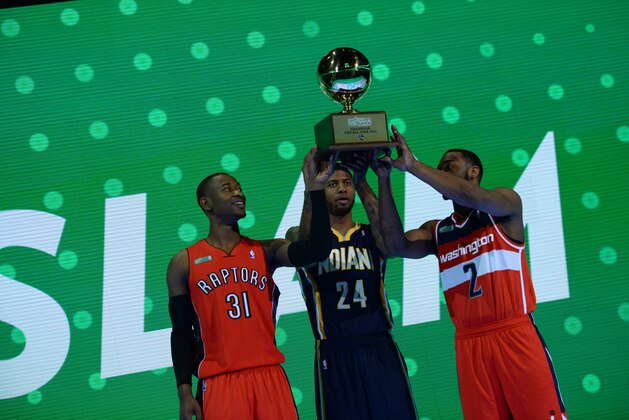 NEW ORLEANS, LA - FEBRUARY 15:  (L-R) Terrence Ross #31 of the Toronto Raptors, Paul George of the Indiana Pacers and John Wall #2 of the Washington Wizards are the East champions in the Sprite Slam Dunk Contest on State Farm All-Star Saturday Night as part of the 2014 All-Star Weekend at Smoothie King Center on February 15, 2014 in New Orleans, Louisiana. NOTE TO USER: User expressly acknowledges and agrees that, by downloading and/or using this photograph, user is consenting to the terms and conditions of the Getty Images License Agreement.  Mandatory Copyright Notice: Copyright 2014 NBAE (Photo by Noah Graham/NBAE via Getty Images)