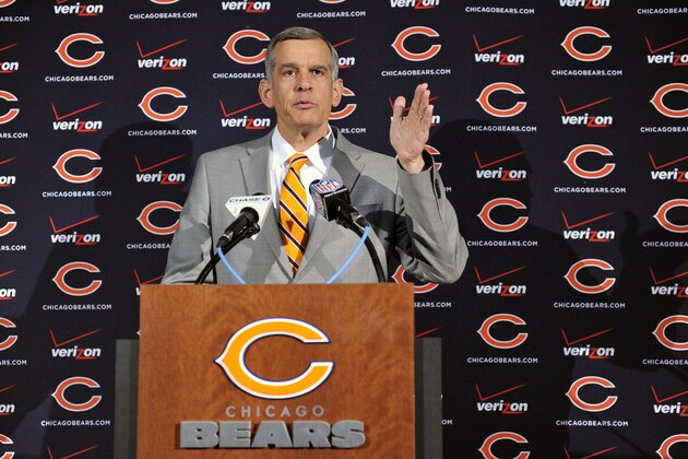 Chicago Bears general manager Phil Emery talks about the upcoming NFL Draft before the Bears first mini-camp at Halas Hall on Tuesday, April 16, 2013, in Lake Forest, Ill. (AP Photo/Jim Prisching)