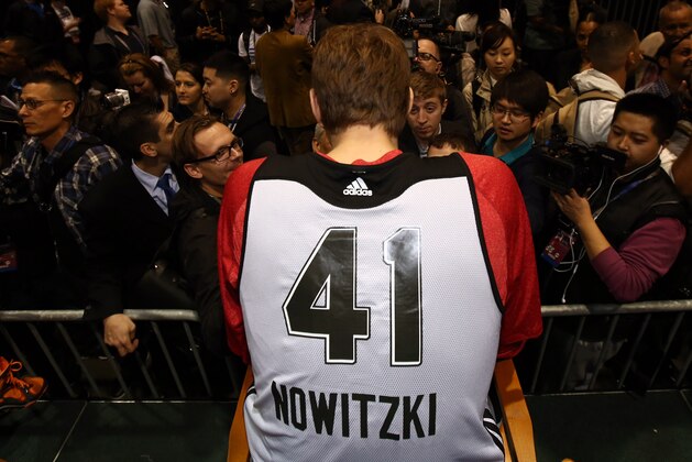 NEW ORLEANS, LA - FEBRUARY 15: Dirk Nowitzki #41 of the Eastern Conference All-Stars talks to the media during NBA All-Star Practice at Sprint Arena as part of 2014 NBA All-Star Weekend at the Ernest N. Morial Convention Center on February 15, 2014 in New Orleans, Louisiana. NOTE TO USER: User expressly acknowledges and agrees that, by downloading and/or using this photograph, user is consenting to the terms and conditions of the Getty Images License Agreement.  Mandatory Copyright Notice: Copyright 2014 NBAE (Photo by Nathaniel S. Butler/NBAE via Getty Images)