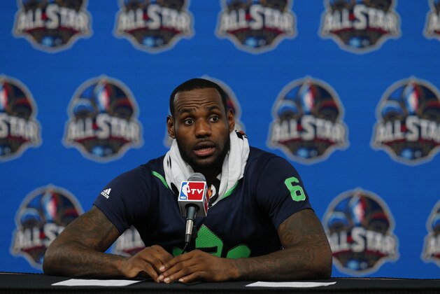 The Miami Heat's LeBron James speaks at a news conference after the NBA All Star basketball game, Sunday, Feb. 16, 2014, in New Orleans. (AP Photo/Bill Haber)