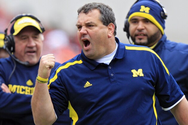 FILE - In this Nov. 24, 2012 file photo, Michigan head coach Brady Hoke yells at his team in an NCAA college football game against Ohio State in Columbus, Ohio. It has already been a successful season for No. 3 Ohio State, but as the Buckeyes know, no season is a success if they lose to their chief rivals, the Michigan Wolverines. (AP Photo/Jay LaPrete, File)