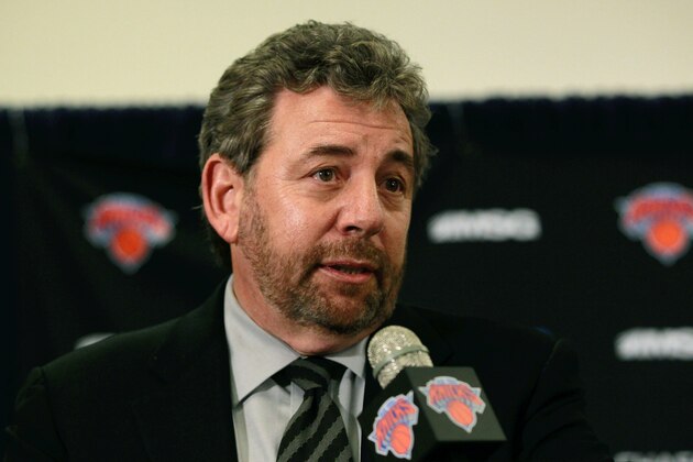 NEW YORK, NY - MARCH 14:  Executive Chairman of Madison Square Garden & NBA Governor, James L. Dolan speaks to the media at a press conference to announce Mike Woodson as the interim head coach of the New York Knicks following the resignation of Mike D'Antoni at Madison Square Garden on March 14, 2012 in New York City. NOTE TO USER: User expressly acknowledges and agrees that, by downloading and/or using this Photograph, user is consenting to the terms and conditions of the Getty Images License Agreement.  (Photo by Chris Trotman/Getty Images)