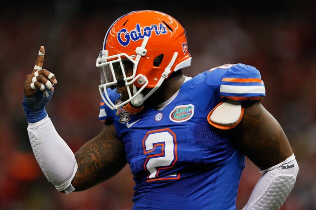 NEW ORLEANS, LA - JANUARY 02:  Dominique Easley #2 of the Florida Gators celebrates after sacking Teddy Bridgewater #5 of the Louisville Cardinals in the first quarter of the Allstate Sugar Bowl at Mercedes-Benz Superdome on January 2, 2013 in New Orleans, Louisiana.  (Photo by Kevin C. Cox/Getty Images)