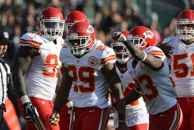 December 15, 2013; Oakland, CA, USA; Kansas City Chiefs strong safety Eric Berry (29) celebrates after an interception against the Oakland Raiders during the second quarter at O.co Coliseum. Mandatory Credit: Kyle Terada-USA TODAY Sports