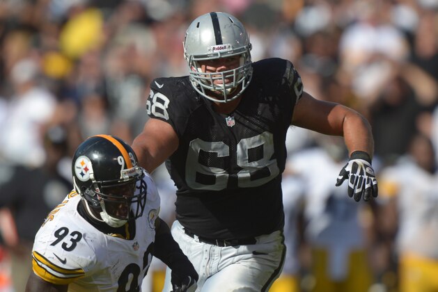 Sep 23, 2012; Oakland, CA, USA; Oakland Raiders tackle Jared Veldheer (68) defends against Pittsburgh Steelers linebacker Jason Worilds (93) at the O.co Coliseum. The Raiders defeated the Steelers 34-31. Mandatory Credit: Kirby Lee/Image of Sport-USA TODAY Sports