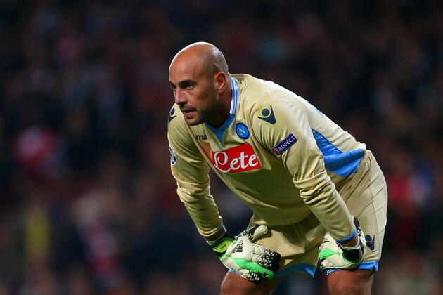 LONDON, ENGLAND - OCTOBER 01:  Goalkeeper Pepe Reina of Napoli looks on during UEFA Champions League Group F match between Arsenal FC and SSC Napoli at Emirates Stadium on October 1, 2013 in London, England.  (Photo by Paul Gilham/Getty Images)