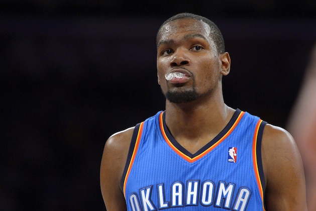 Oklahoma City Thunder small forward Kevin Durant looks on during the second half of an NBA basketball game against the Los Angeles Lakers, Thursday, Feb. 13, 2014, in Los Angeles. (AP Photo/Mark J. Terrill)