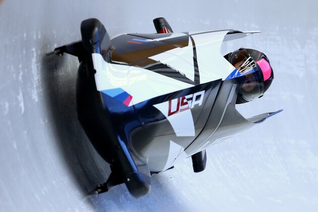 SOCHI, RUSSIA - FEBRUARY 14:  Elana Meyers of the United States pilots a run during a Women's Bobsleigh training session on day 7 of the Sochi 2014 Winter Olympics at the Sanki Sliding Center on February 14, 2014 in Sochi, Russia.  (Photo by Al Bello/Getty Images)