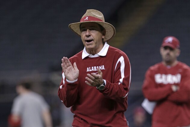 Alabama head coach Nick Saban runs drills during NCAA college football practice at the Superdome in New Orleans, Saturday, Dec. 28, 2013.  Alabama takes on Oklahoma in the Sugar Bowl on Thursday, Jan. 2, 2014. (AP Photo/Gerald Herbert)