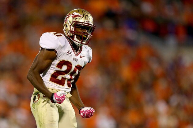 CLEMSON, SC - OCTOBER 19:  Lamarcus Joyner #20 of the Florida State Seminoles reacts after a play against the Clemson Tigers during their game at Memorial Stadium on October 19, 2013 in Clemson, South Carolina.  (Photo by Streeter Lecka/Getty Images)