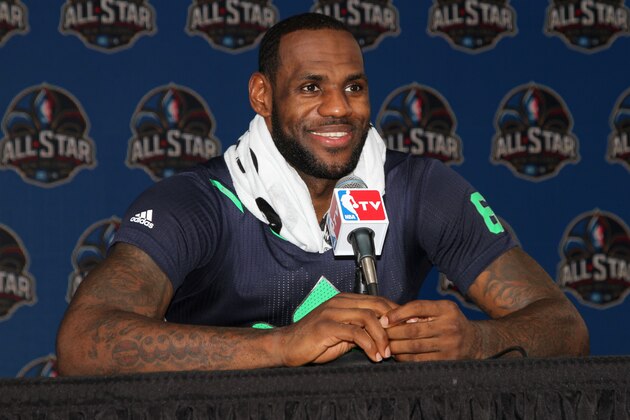 NEW ORLEANS, LA - FEBRUARY 16: LeBron James #6 of the Eastern Conference All-Stars talks to the media following the 2014 NBA All-Star Game at Smoothie King Center on February 16, 2014 in New Orleans, Louisiana. NOTE TO USER: User expressly acknowledges and agrees that, by downloading and/or using this photograph, user is consenting to the terms and conditions of the Getty Images License Agreement.  Mandatory Copyright Notice: Copyright 2014 NBAE (Photo by Ray Amati/NBAE via Getty Images)