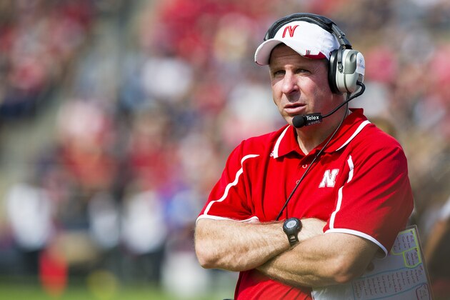 Nebraska head coach Bo Pelini watches a replay on the stadium's screen during the second half of an NCAA college football game against Purdue Saturday, Oct. 12, 2013, in West Lafayette, Ind. Nebraska won 44-7. (AP Photo/Doug McSchooler)