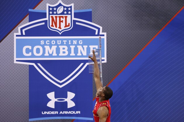 INDIANAPOLIS, IN - FEBRUARY 27: Cam Newton participates in the vertical jump during the 2011 NFL Scouting Combine at Lucas Oil Stadium on February 27, 2011 in Indianapolis, Indiana. (Photo by Joe Robbins/Getty Images)