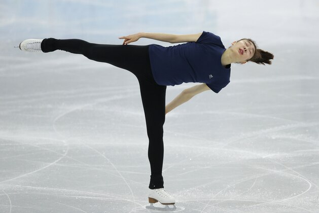 Yuna Kim of South Korea skates during a practice session at the figure stating practice rink at the 2014 Winter Olympics, Monday, Feb. 17, 2014, in Sochi, Russia. (AP Photo/Vadim Ghirda)