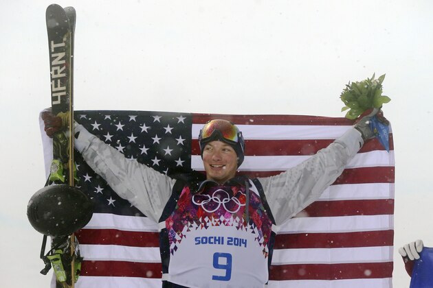 Gold medalist David Wise of the United States celebrates  after the men's ski halfpipe final at the Rosa Khutor Extreme Park, at the 2014 Winter Olympics, Tuesday, Feb. 18, 2014, in Krasnaya Polyana, Russia.  (AP Photo/Sergei Grits)
