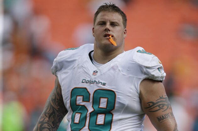 Miami Dolphins guard Richie Incognito (68) on the sidelines during the first half of an NFL football game against the Buffalo Bills, Sunday, Oct. 20, 2013, in Miami Gardens, Fla. (AP Photo/Wilfredo Lee)