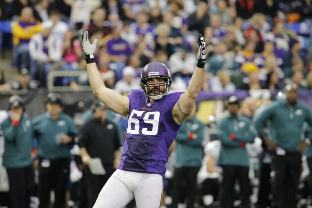 Minnesota Vikings defensive end Jared Allen reacts during the first half of an NFL football game against the Philadelphia Eagles, Sunday, Dec. 15, 2013, in Minneapolis. (AP Photo/Ann Heisenfelt)