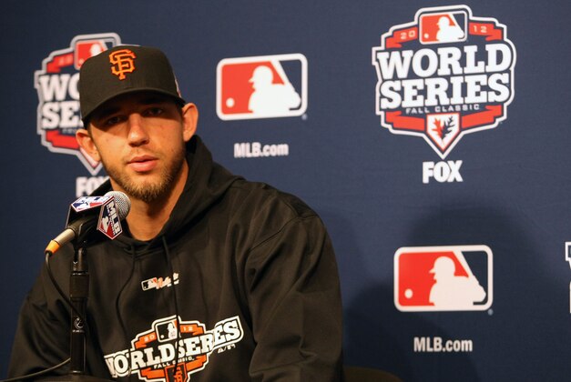 Oct 24, 2012; San Francisco, CA, USA; San Francisco Giants starting pitcher Madison Bumgarner speaks to the media before game one of the 2012 World Series against the Detroit Tigers at AT&T Park. Mandatory Credit: Kelley L Cox-USA TODAY Sports