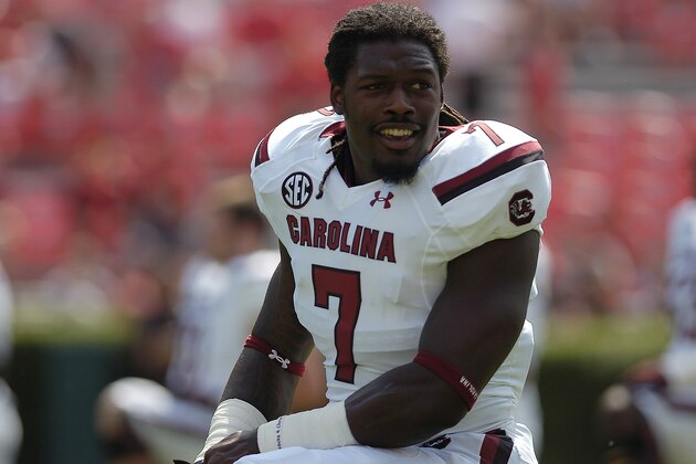 South Carolina defensive end Jadeveon Clowney (7)works before the first half of an NCAA football game against Georgia, Saturday, Sept. 7, 2013, in Athens, Ga. (AP Photo/Mike Stewart)